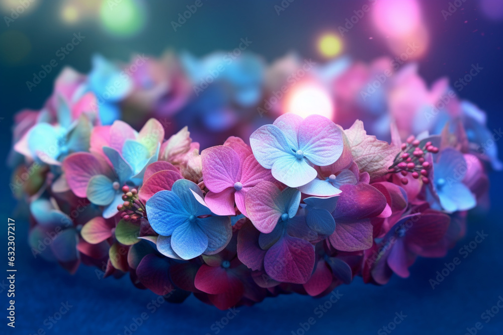 Poster An image of a flower crown made with delicate Hydrangea, smooth elegant transparent fabric on bright bokeh background.  Generative AI technology.