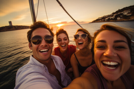 Group Of Friends Having Fun In Luxury Yach Boat. Young Men And Women Enjoy Travel, Vacation, Travel On Boat Yacht Sailing In Sea, Ocean At Sunset On Summer. Selfie For Social Media