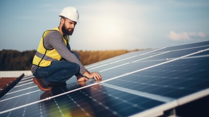 Solar power engineer installing solar panels. Generative AI