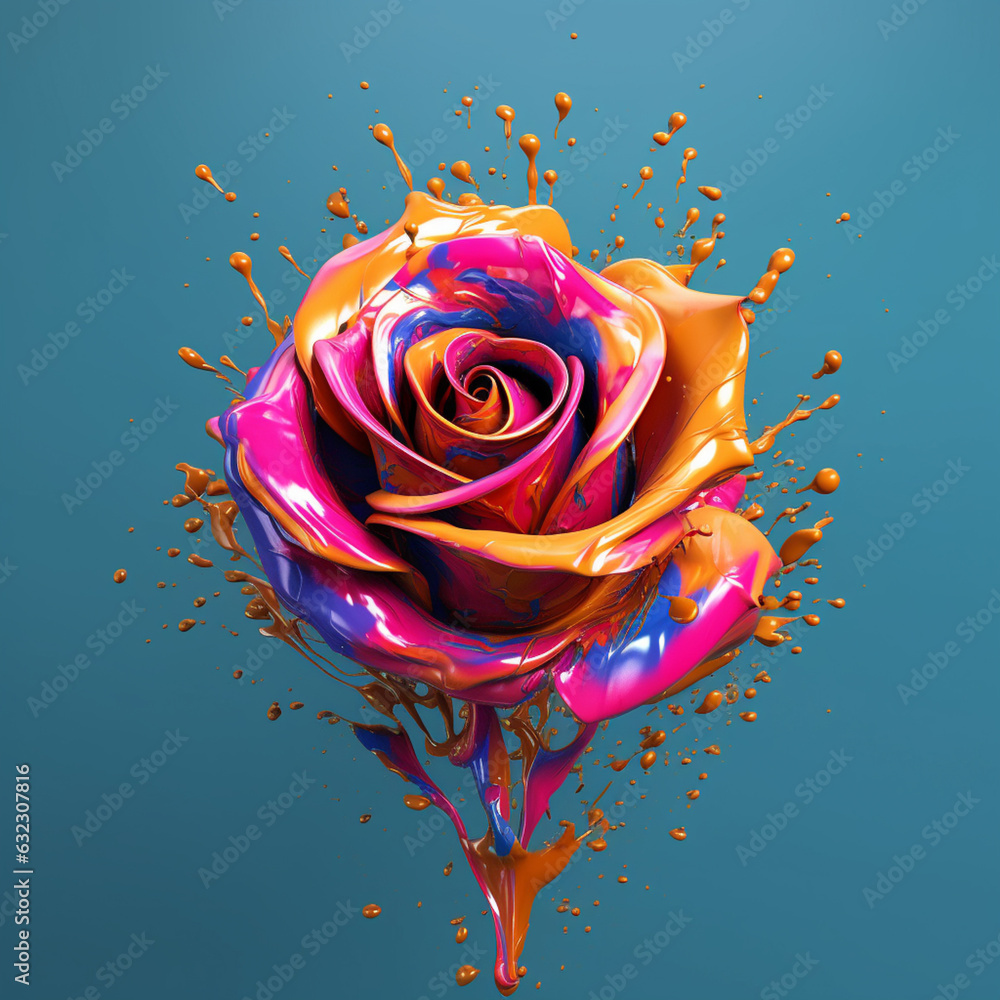Poster an abstract surreal photograph of a rose splashed in bright paint. generative ai technology.