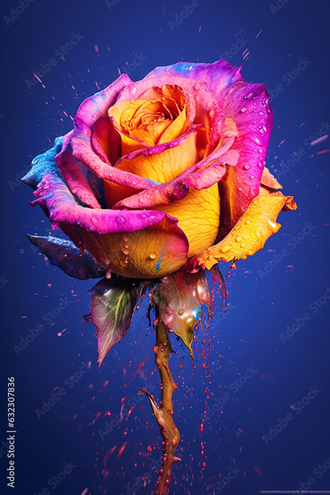 Leinwandbilder an abstract surreal photograph of a rose splashed in bright paint. generative ai technology.