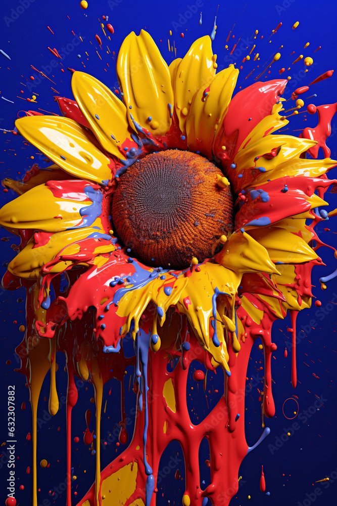 Poster an abstract surreal photograph of a sunflower splashed in bright paint. generative ai technology.