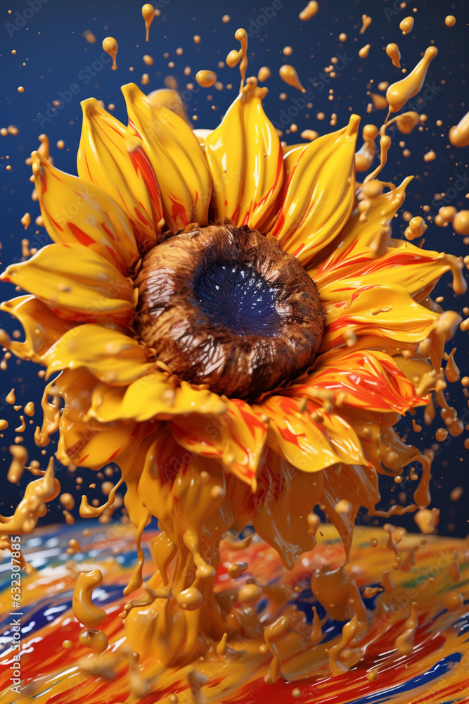 Poster an abstract surreal photograph of a sunflower splashed in bright paint. generative ai technology.
