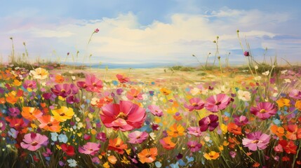  a painting of a field full of flowers with a blue sky in the background.  generative ai