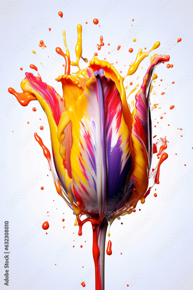 Leinwandbilder an abstract surreal photograph of a tulip splashed in bright paint. generative ai technology.