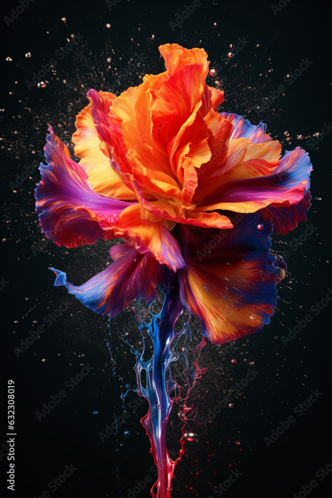 Leinwandbilder An abstract surreal photograph of a Carnation splashed in bright paint.  Generative AI technology.