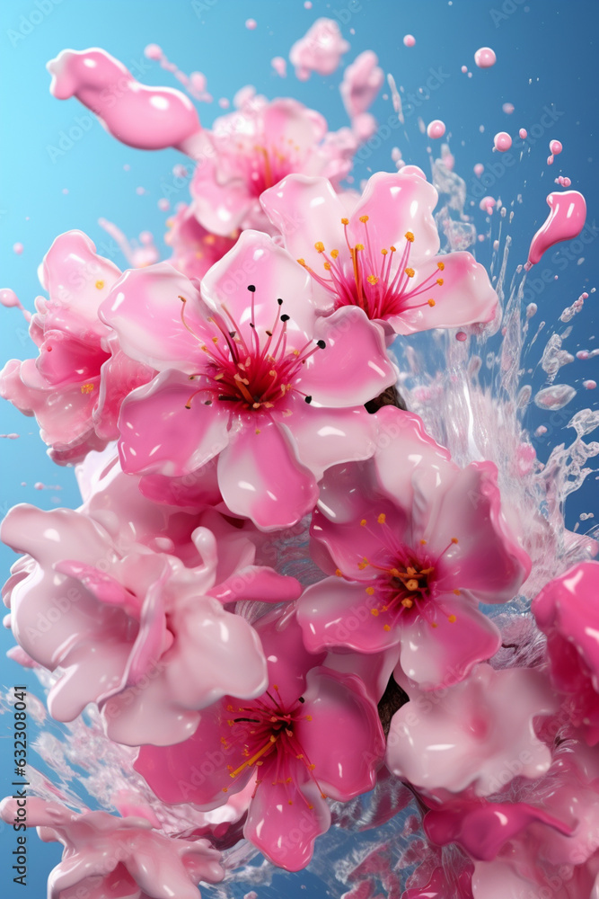 Poster an abstract surreal photograph of a cherry blossom splashed in bright paint. generative ai technolog