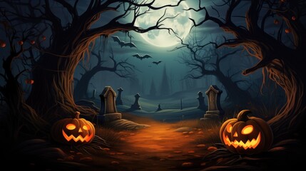 Halloween background with pumpkins, moon, road and graveyard
