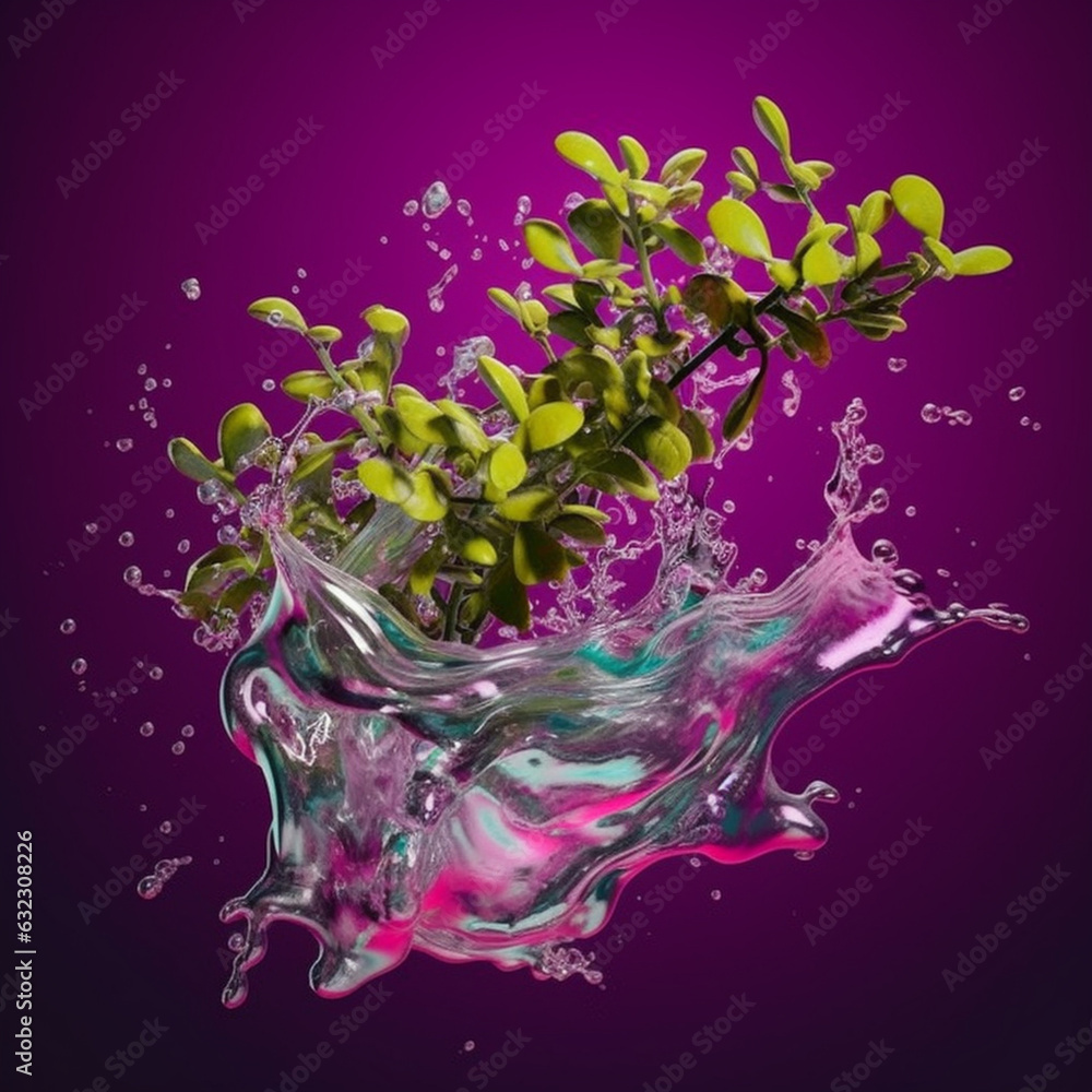 Poster An abstract surreal photograph of a Thyme splashed in bright paint.  Generative AI technology.