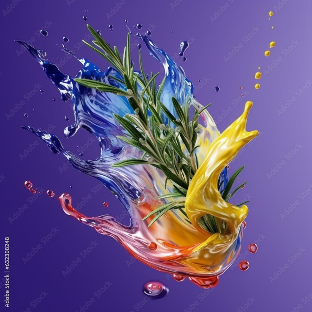 Aufkleber An abstract surreal photograph of a Rosemary splashed in bright paint.  Generative AI technology.