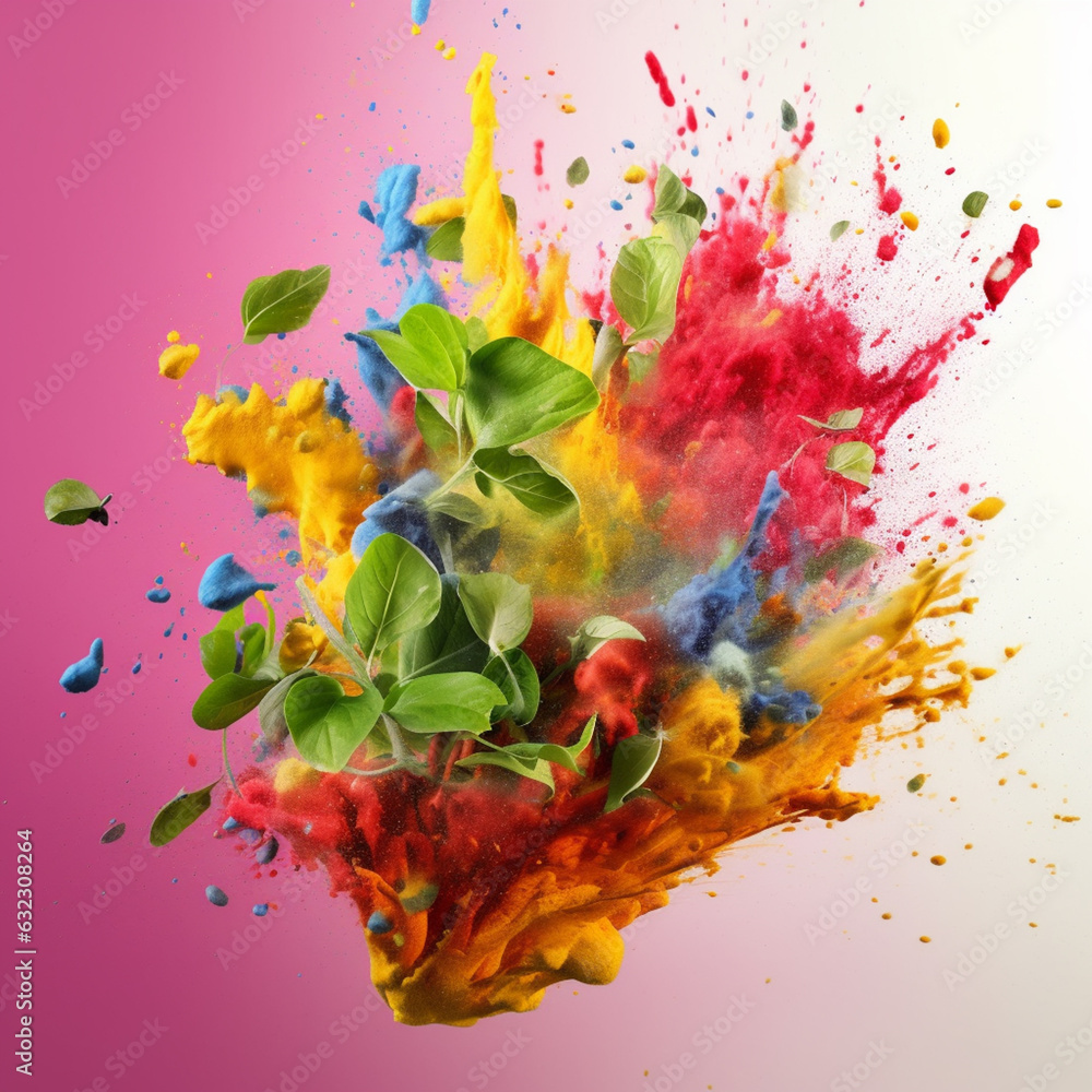 Poster an abstract surreal photograph of a oregano splashed in bright paint. generative ai technology.