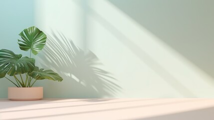 Mock up with blurred shadow and palm leaves on the light pastel color wall. Minimal abstract background for product presentation, showcase
