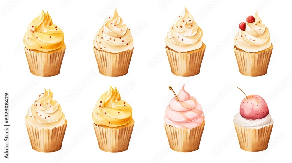 Poster a bunch of cupcakes with different toppings on them. generative ai