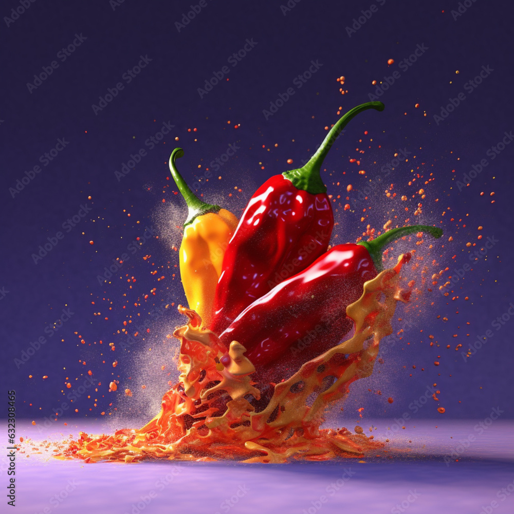 Fototapete an abstract surreal photograph of a cayenne pepper splashed in bright paint. generative ai technolog