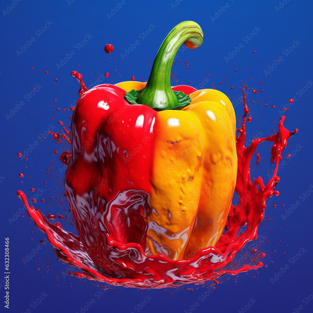 Aufkleber an abstract surreal photograph of a paprika splashed in bright paint. generative ai technology.