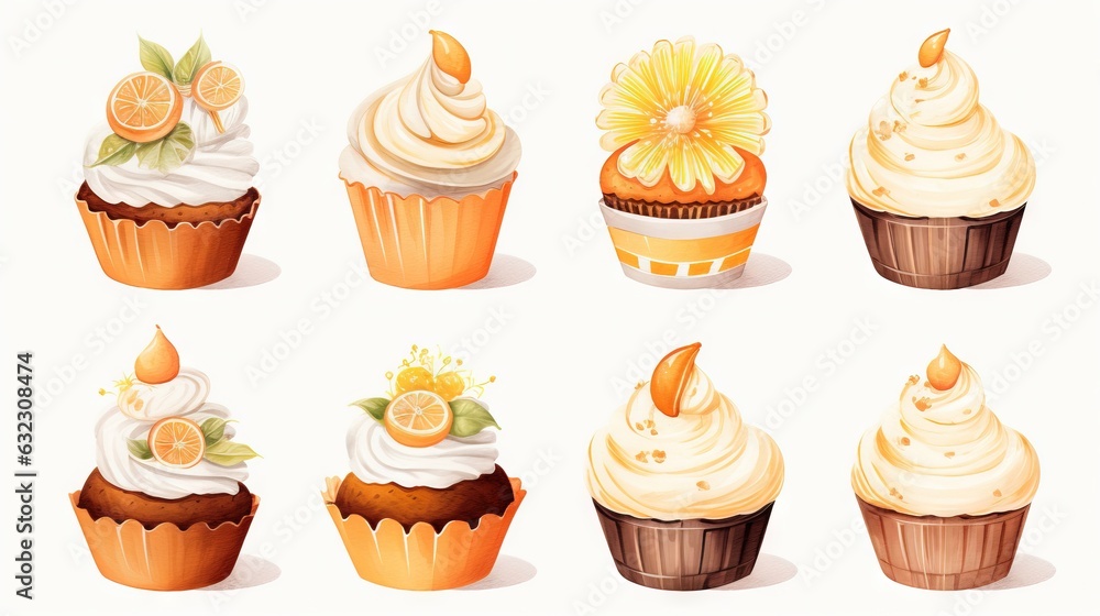 Poster a set of nine cupcakes with different toppings. generative ai