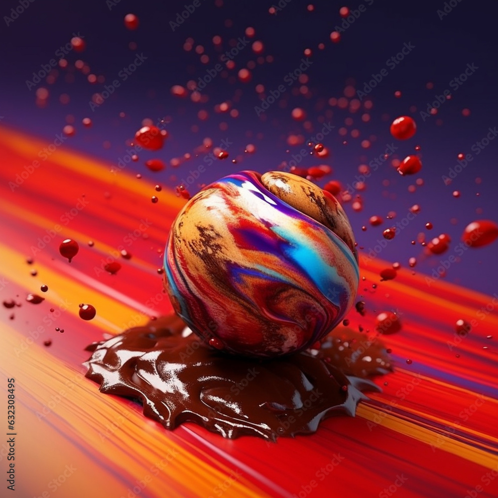 Poster an abstract surreal photograph of a nutmeg splashed in bright paint. generative ai technology.