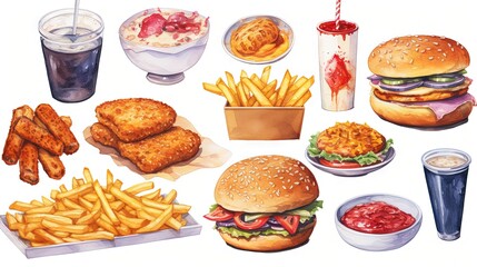  a painting of a variety of food items including fries, burgers, and sodas.  generative ai