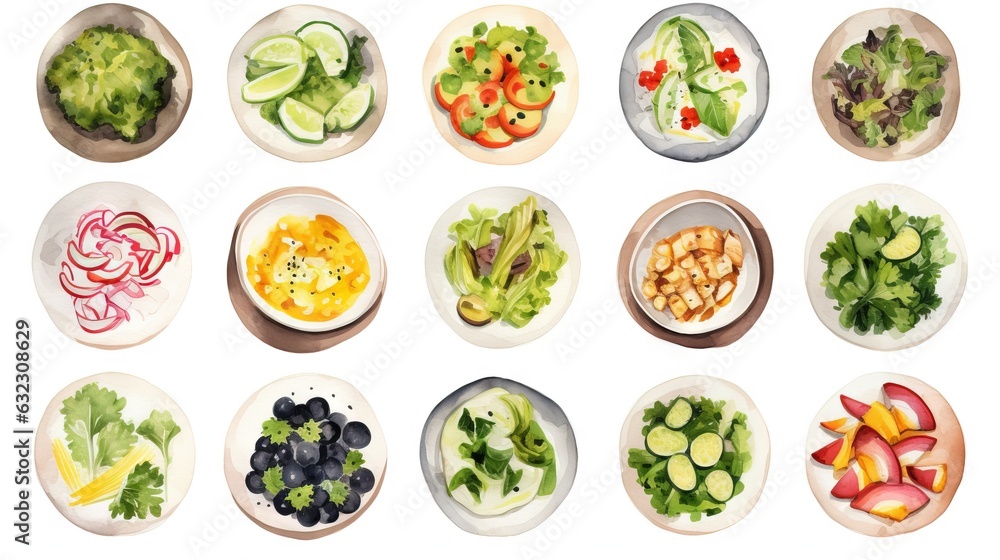 Poster a bunch of plates of different types of food on them. generative ai