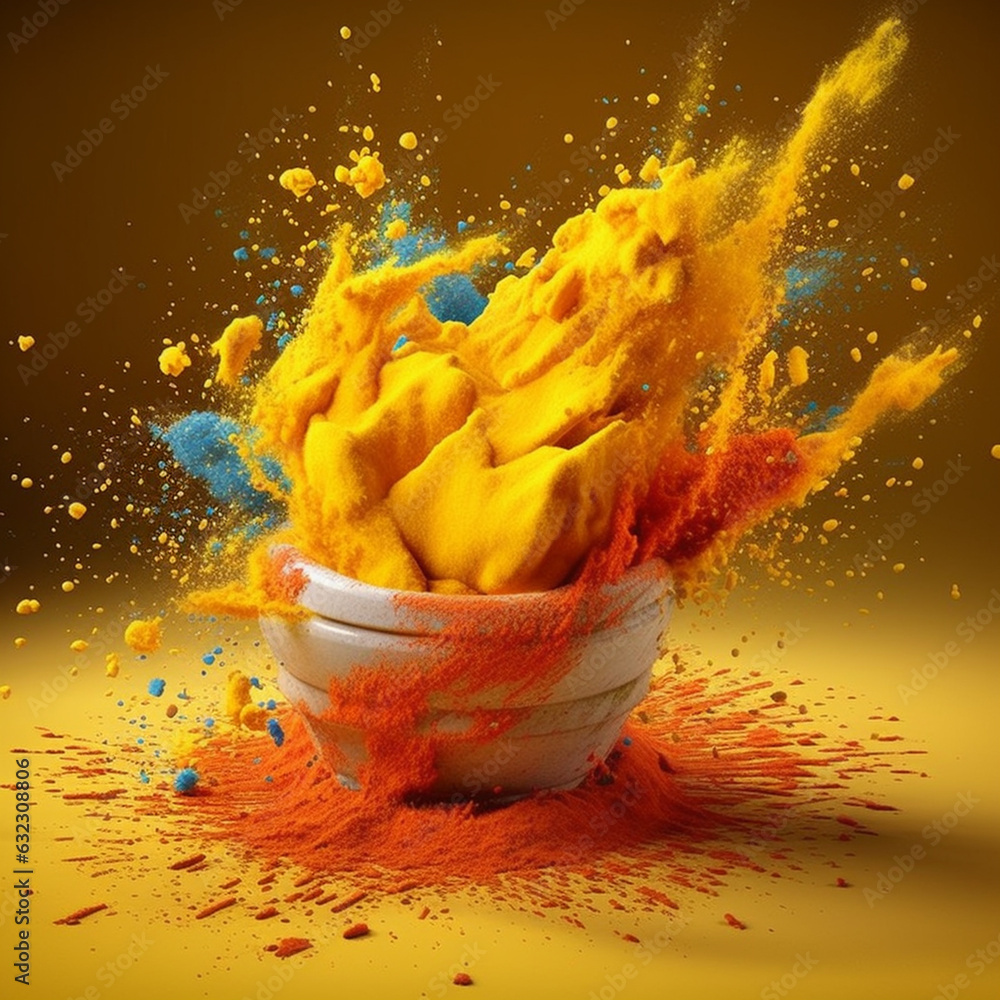 Aufkleber An abstract surreal photograph of a Curry powder splashed in bright paint.  Generative AI technology.
