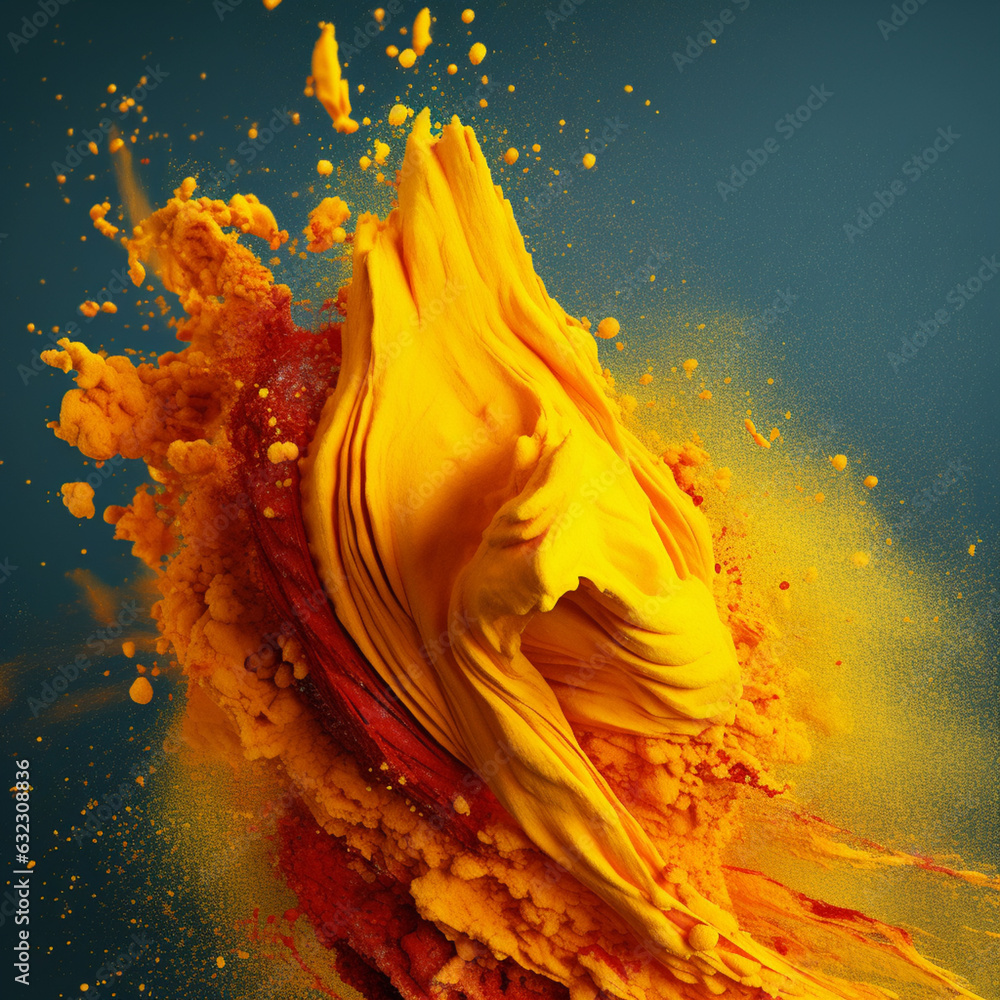 Leinwandbilder An abstract surreal photograph of a Curry powder splashed in bright paint.  Generative AI technology.