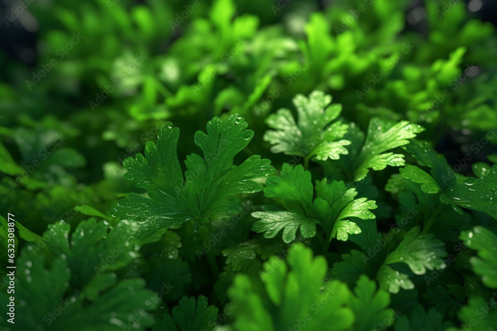 Poster a close-up shot of parsley leaves, featuring their bright green color and curly or flat texture. gen