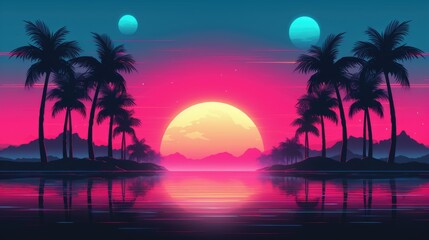 Obraz premium Vaporwave, synthwave retro style neon landscape background with palms, sunset