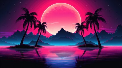Fototapeta na wymiar Vaporwave, synthwave retro style neon landscape background with palms, sunset