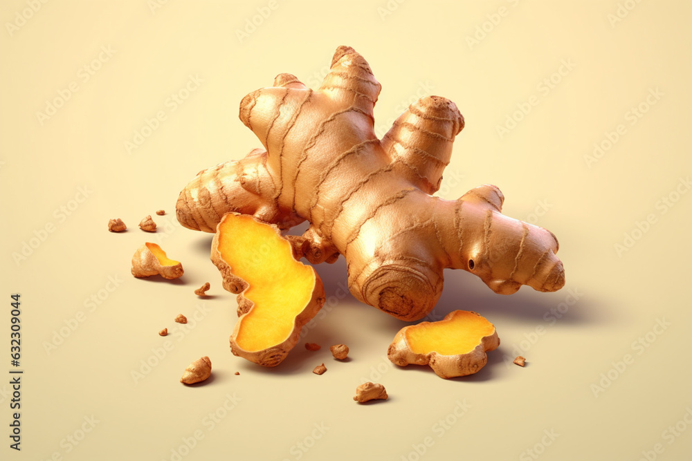 Poster an artistic image featuring a piece of ginger root, known for its spicy and aromatic properties. gen