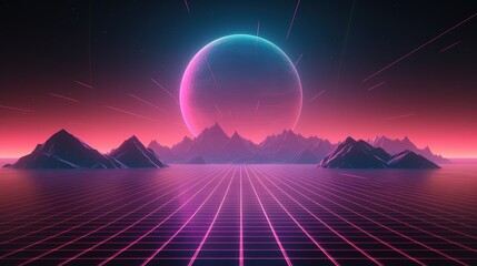 Vaporwave, synthwave retro style neon landscape background with mountains, sunset