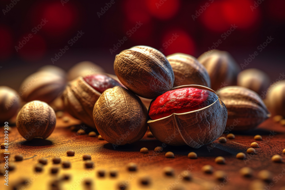 Aufkleber An image capturing whole nutmeg seeds, known for their warm and aromatic properties. Generative AI technology.