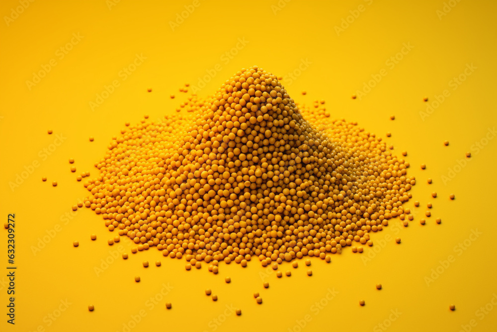 Poster an image showcasing mustard seeds, with their small round shape and distinct yellowish color. genera