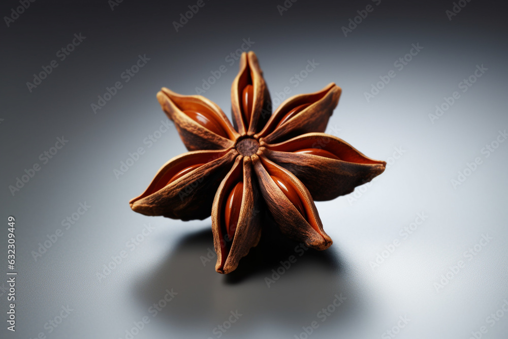 Poster a photo showcasing star anise, known for its distinctive star-shaped structure and strong licorice-l