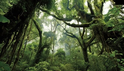 Green jungle rainforest tree canopy view from bottom to top. - obrazy, fototapety, plakaty