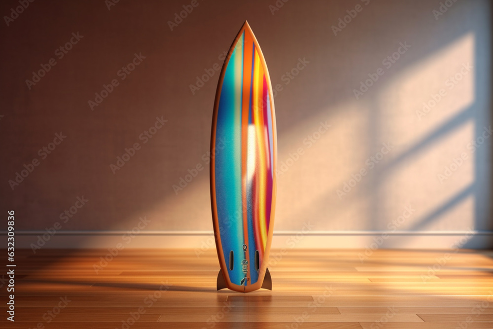 Fototapete an image featuring a surfboard, emphasizing its streamlined shape, colorful design, and fin configur