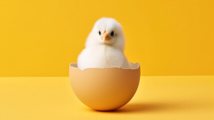 small yellow chicken in a shell on a yellow background. postcard with copy space, easter concept. 