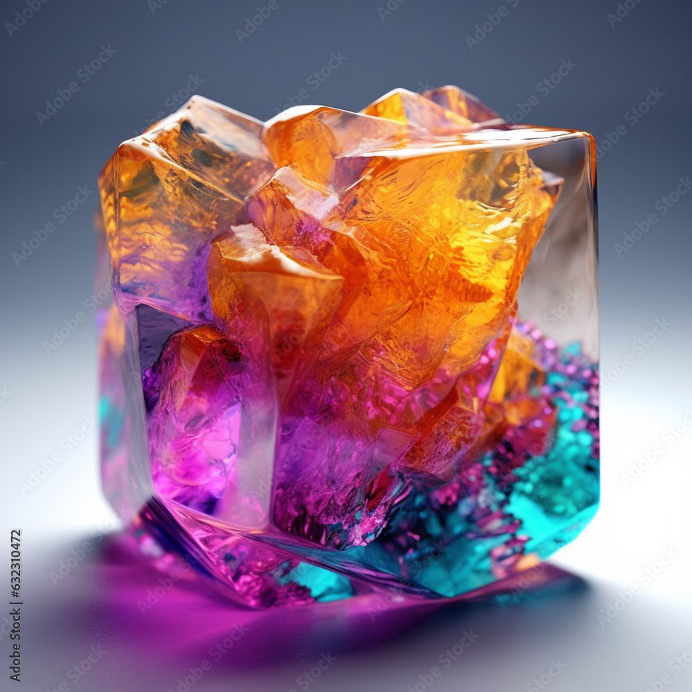 Poster An abstract surreal photograph of a Fluorite splashed in bright paint.  Generative AI technology.