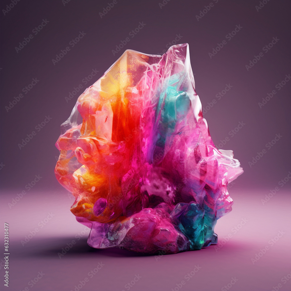 Poster an abstract surreal photograph of a fluorite splashed in bright paint. generative ai technology.