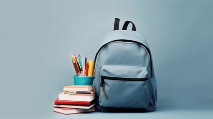 Blue School Bag with Books and Accessories. Generative ai