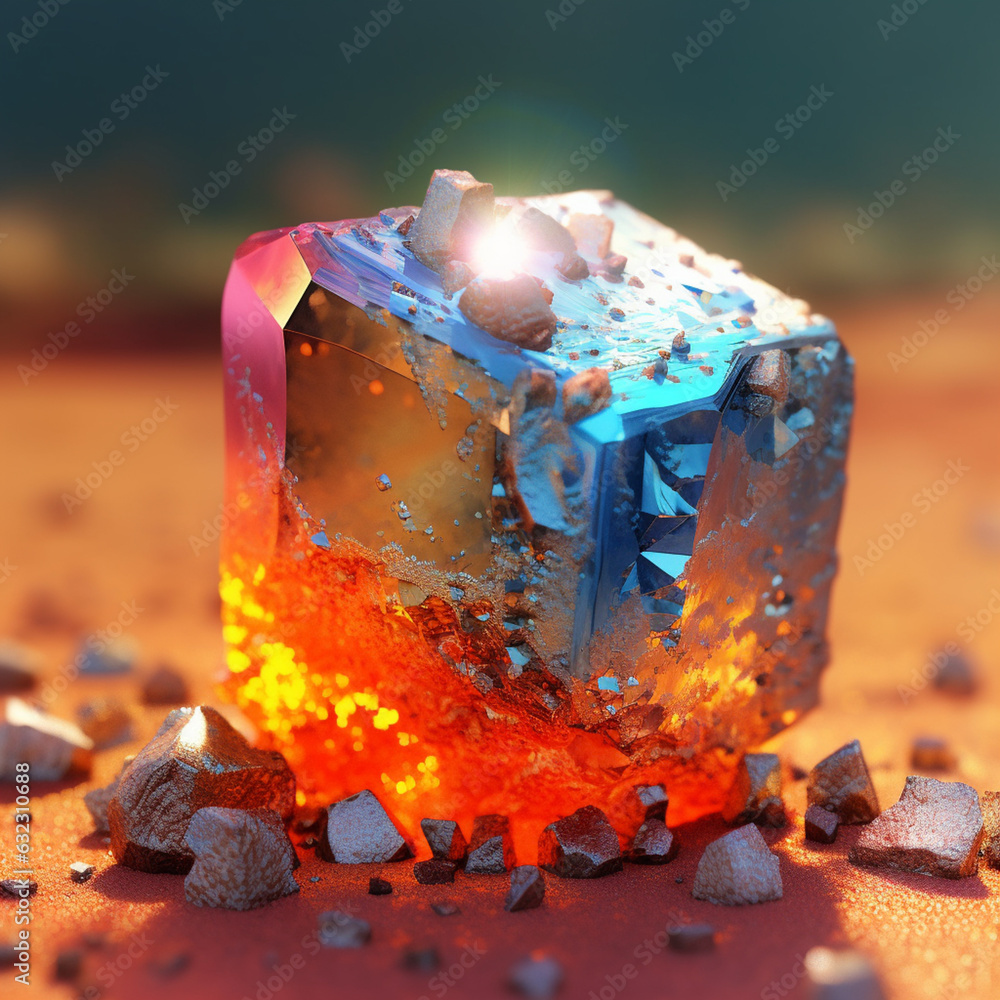 Leinwandbilder An abstract surreal photograph of a Pyrite splashed in bright paint.  Generative AI technology.