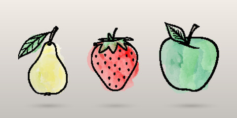 Juicy ripe strawberry, apple and pear with green leaves. Watercolor illustrations for advertising juices, desserts, pastries.