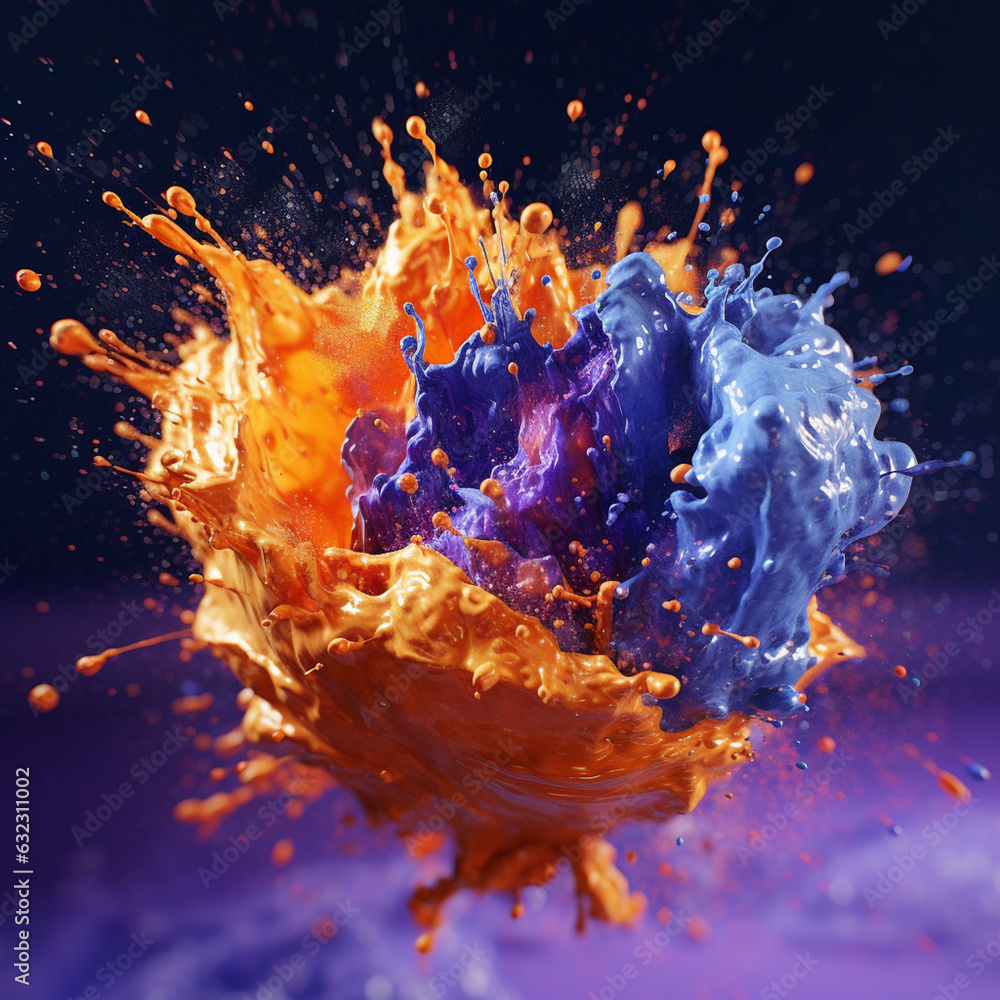 Leinwandbilder An abstract surreal photograph of a Iolite splashed in bright paint.  Generative AI technology.