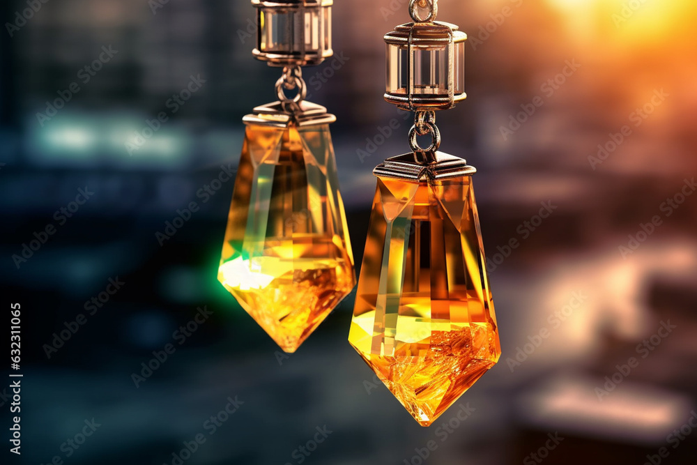 Leinwandbilder an artistic photo of a pair of dangle earrings featuring faceted citrine gemstones, catching the lig