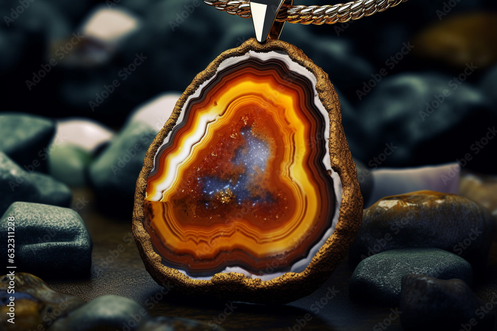 Aufkleber an artistic photo of a bohemian-style pendant necklace featuring a large slice of agate gemstone, sh