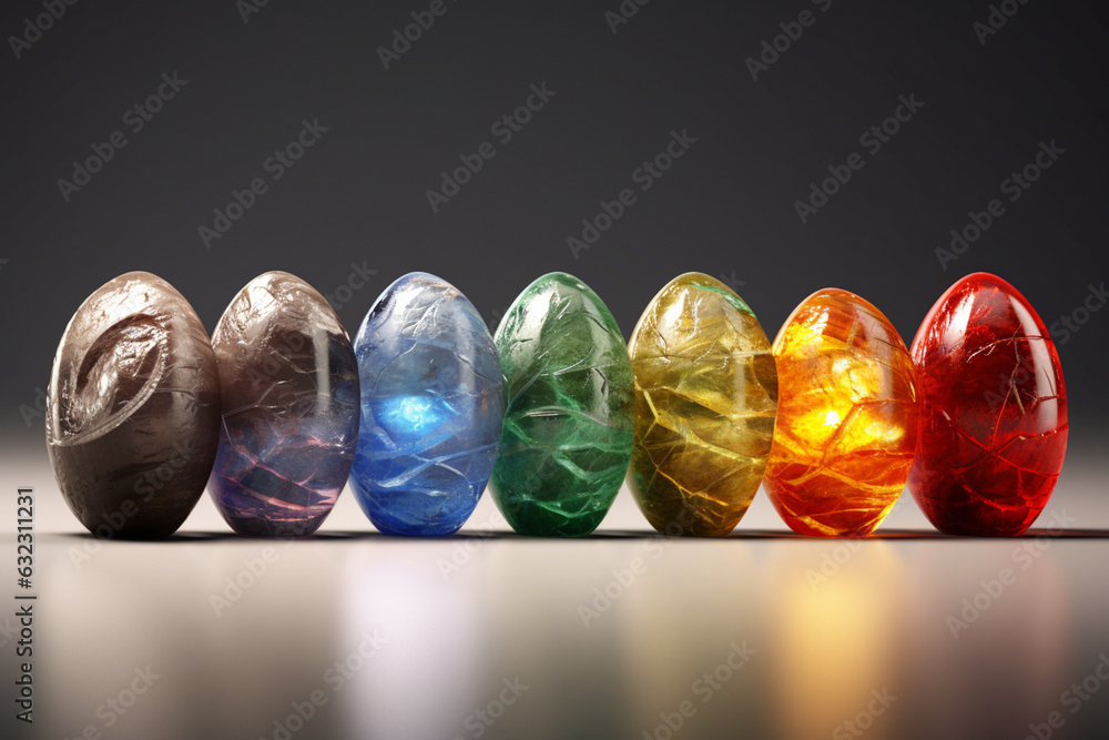 Poster a photo showcasing a set of gemstone chakra stones, each representing a different energy center in t