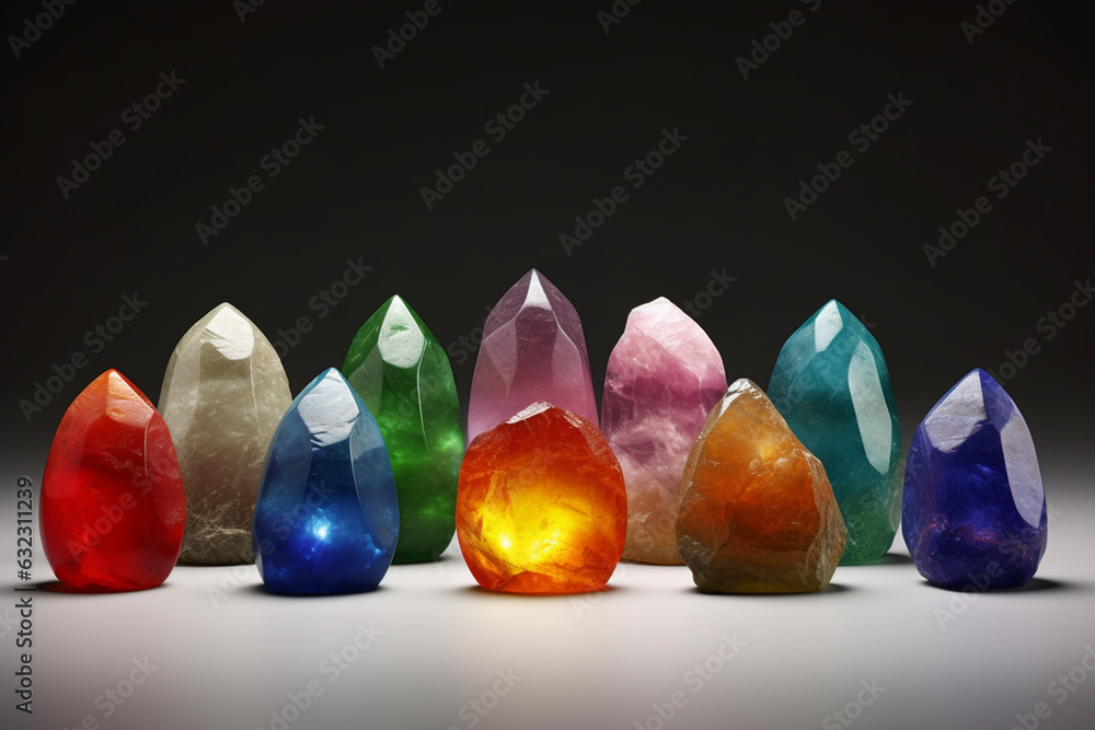 Fototapete A photo showcasing a set of gemstone chakra stones, each representing a different energy center in the body, used for balancing and healing practices. Generative AI technology.
