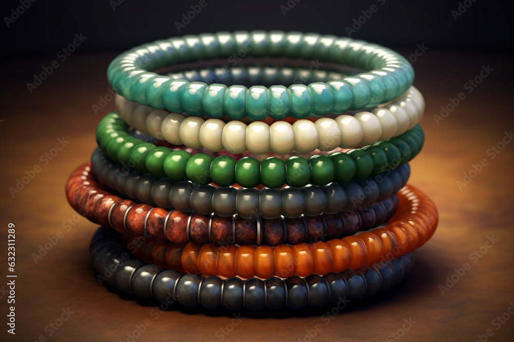 Poster a photo showcasing a stack of gemstone bangles in various hues, including aventurine, jasper, and he