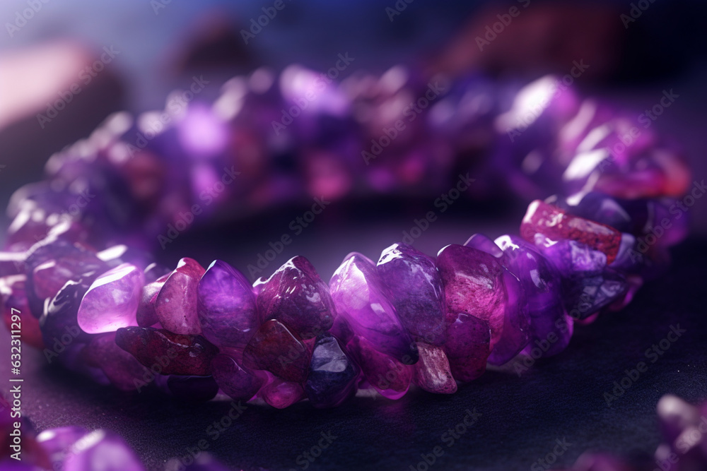 Aufkleber a close-up shot of a beaded bracelet made with tiny amethyst gemstone chips, forming a gradient of p