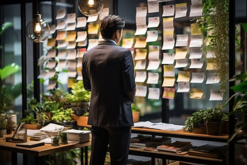 Fototapeta premium Back view of young businessman looking at sticky notes on wall in office. generative AI