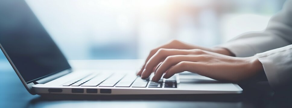 Business Woman's Hands Typing on Laptop Computer Keyboard. Generative ai